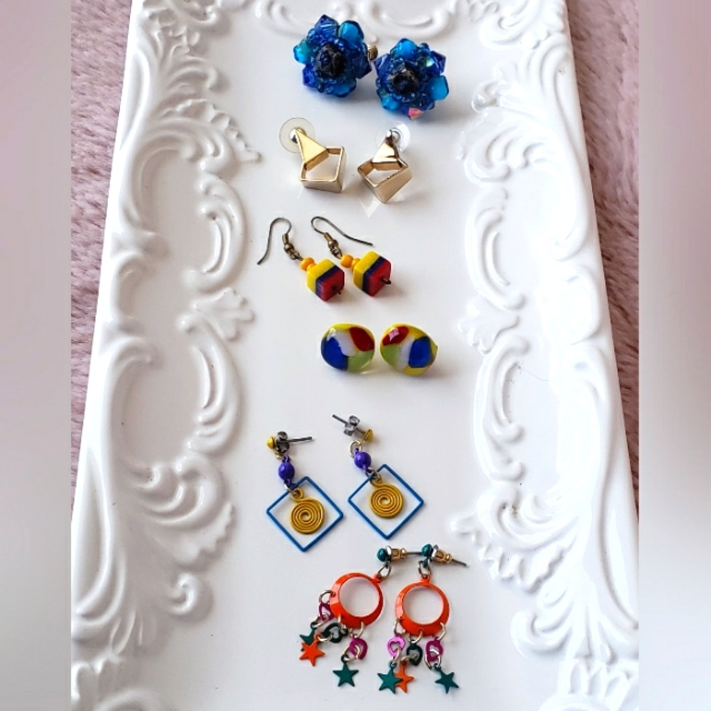 6 Pairs of Funky, Colorful, Retro, Vintage, and Glass Earrings ~ Bundle